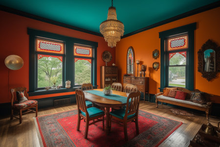 Interior of a classic dining room with red walls and wooden furnitureの素材