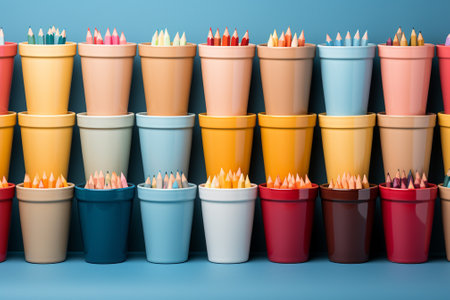 Colorful pencils in plastic cups on blue background, back to school conceptの素材