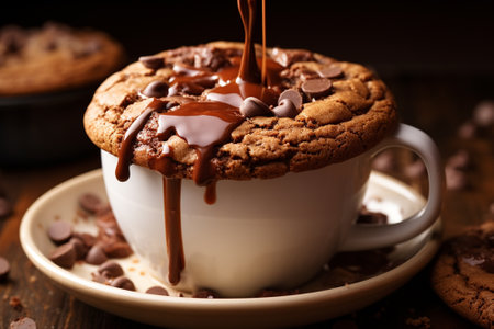 Cup of coffee with chocolate and cookies on wooden table, closeupの素材