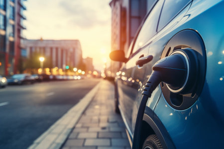 Charging an electric car in the city at sunset, close upの素材