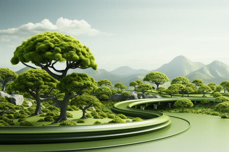 Bonsai tree in the green landscape. 3d render illustration.の素材