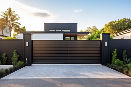 Modern house exterior with garage door. 3d renderingの素材