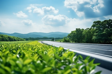 Green tea plantation with blue sky and white clouds, closeup of photoの素材