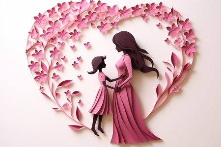 Mother and daughter in a pink dress in the shape of a heartの素材