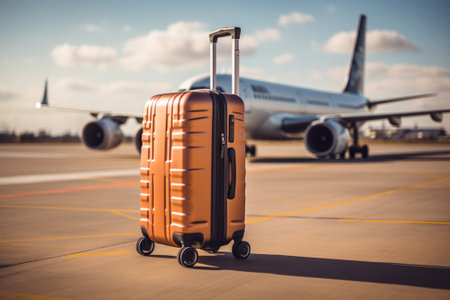 Suitcase on the tarmac of the airport. Travel conceptの素材