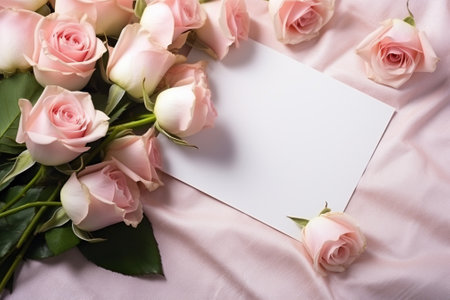 Bouquet of pink roses and blank card on pink fabric backgroundの素材