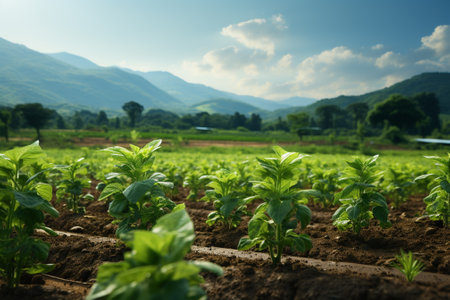 Pepper seedlings in the field with mountains in the background.の素材