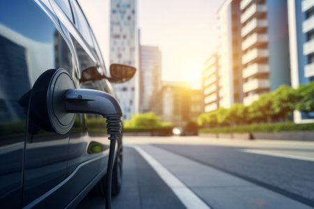 Charging an electric car with a plug in the city, close-upの素材