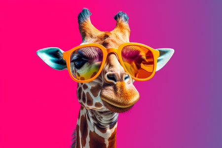 Funny giraffe with sunglasses. Isolated on pink background.の素材