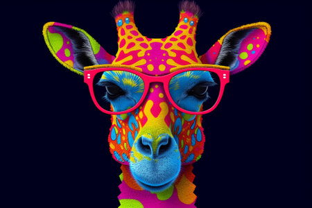 Fashion portrait of giraffe wearing glasses. Isolated on black background.の素材