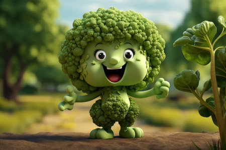 Cute green broccoli cartoon character standing in the garden. 3d illustration.の素材