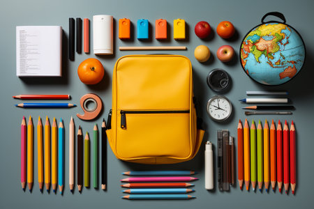 School supplies on grey background, top view. Back to school conceptの素材