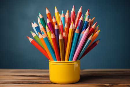 Colorful pencils in a yellow vase on a wooden tableの素材