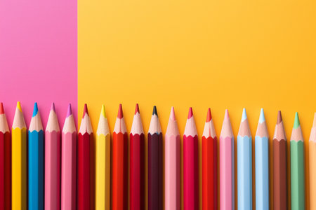 Colorful pencils on color background, top view with copy spaceの素材