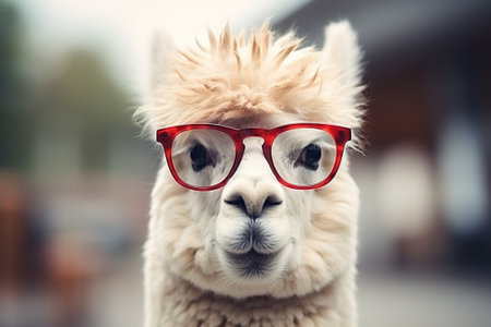 Portrait of a cute alpaca wearing red eyeglassesの素材