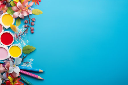 Colorful pencils, paintbrushes and spring flowers on blue backgroundの素材