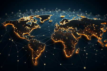 Global network connection over world map. Globalization concept. 3D Renderingの素材
