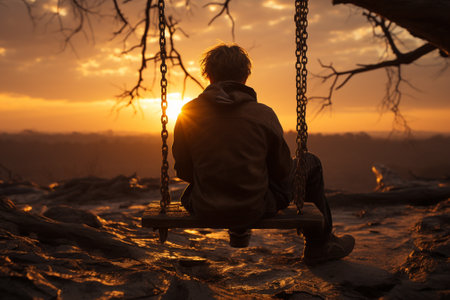 Young man sitting on a swing in the middle of the desert at sunsetの素材
