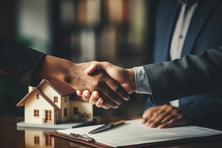 Real estate agent shaking hands with customer after signing contract to buy house.の素材