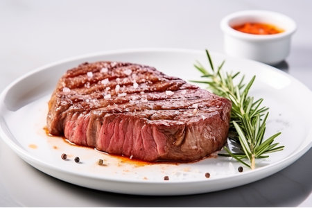 Grilled beef steak with rosemary and spices on a white plateの素材
