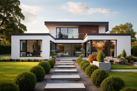 Architecture, modern house in the garden with beautiful landscapingの素材