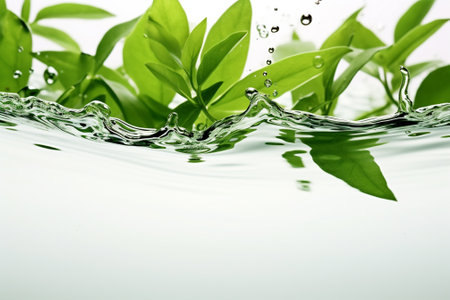 Green leafs and water splash on white backgroundの素材