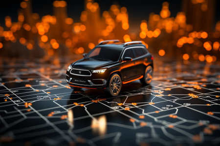 3d rendering of a black car on the map of the cityの素材