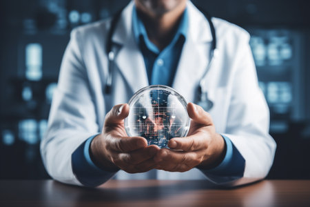 Close up of a doctor holding a crystal ball with a world mapの素材
