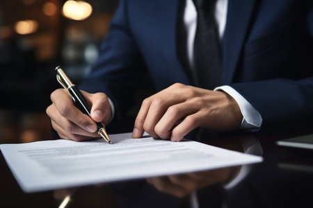 Businessman signing contract at table in office, closeup of handsの素材