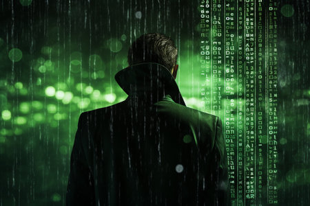 Back view of businessman in raincoat against green background with binary codeの素材
