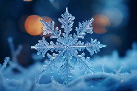 Snowflake on snow with bokeh background, close upの素材