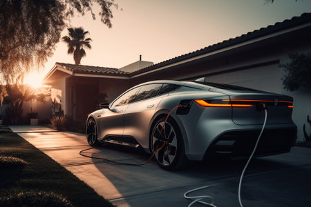 Electric car charging on the street in the evening. Electric vehicle concept.の素材