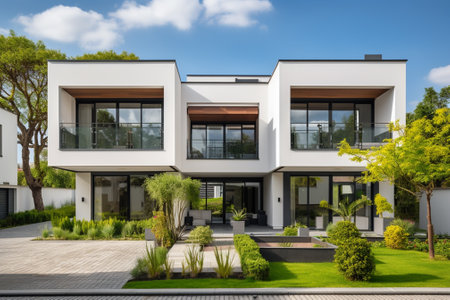 Modern house with garden, view from the terrace. Nobody insideの素材