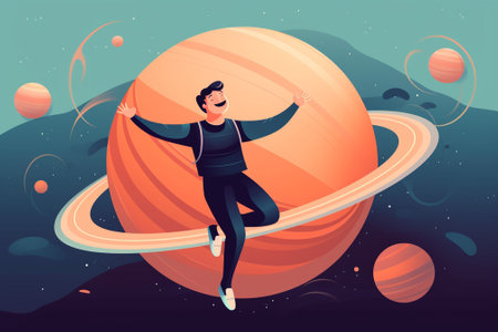 Cartoon vector illustration of a man jumping in the space with planets.の素材
