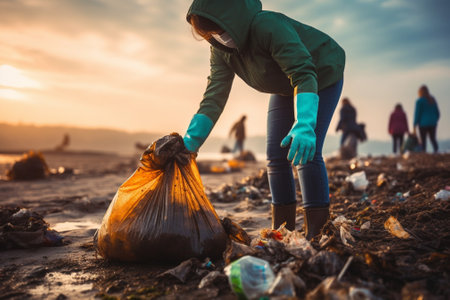 Volunteer collecting garbage on the beach in the evening. Concept of environmental pollution.の素材