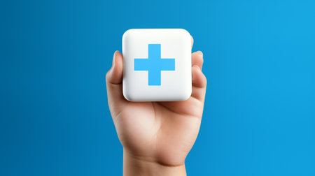First aid kit button in hand isolated on blue background. Medical conceptの素材