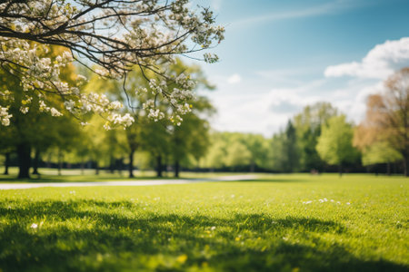 Beautiful spring landscape with blooming trees and green grass in parkの素材