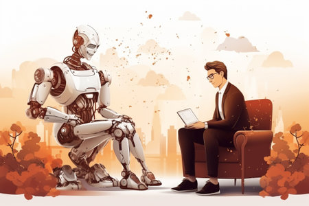 Vector illustration of two robots sitting on armchair and talking to each otherの素材