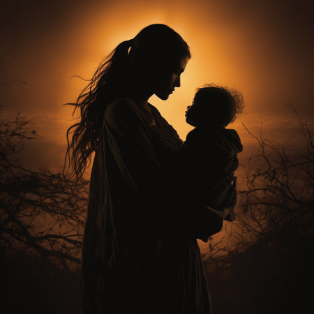 Silhouette of mother and baby on a background of autumn landscapeの素材