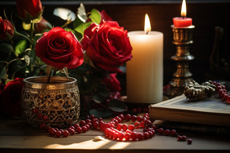Still life with red roses, candles, book and rosaryの素材