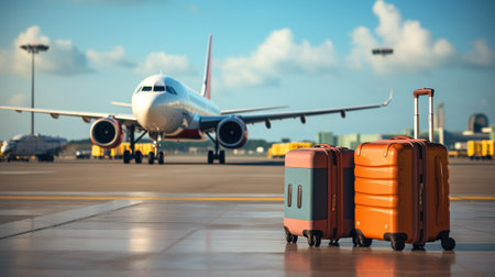 Luggage in the airport terminal with airplane in the background. Travel conceptの素材