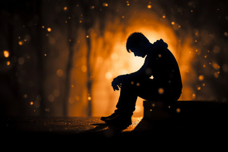 Silhouette of sad man sitting in front of burning house. Depression concept.の素材