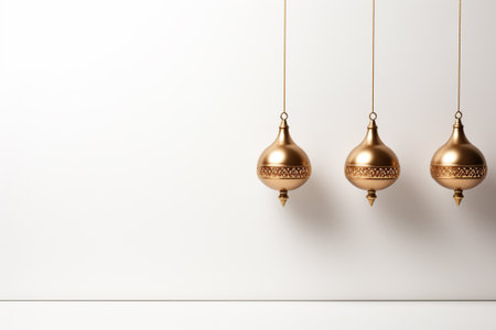 Golden christmas baubles hanging on white wallの素材