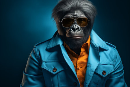 Cool gorilla man wearing a blue jacket and sunglassesの素材