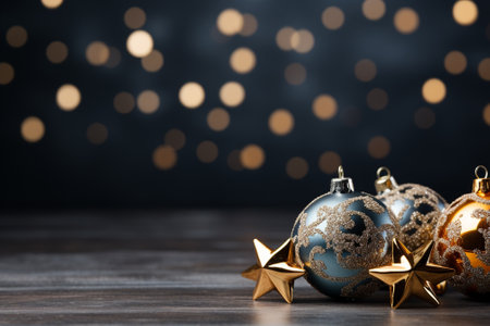 Christmas baubles on wooden table with bokeh lights backgroundの素材