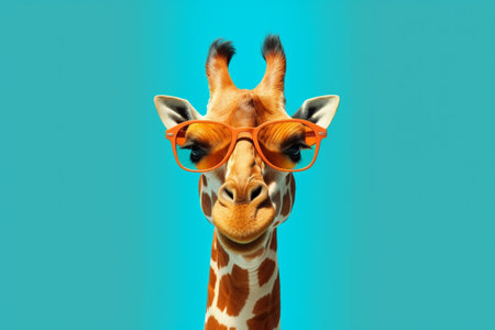 Giraffe with glasses isolated on blue background. 3d illustrationの素材