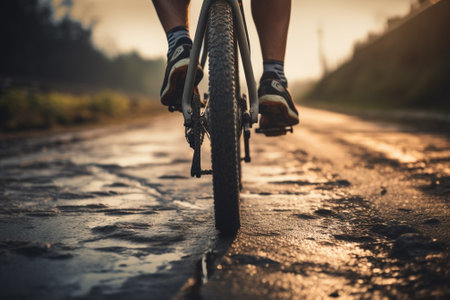 Cyclist Riding the Mountain Bike on a Dirt Road at Sunsetの素材