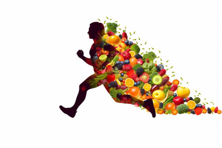 Silhouette of a man running with fruits and vegetables around himの素材