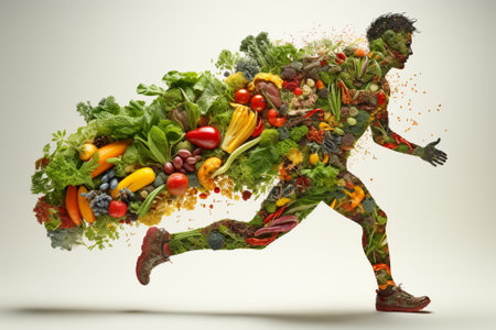 Healthy food concept with a man running full of fruits and vegetablesの素材