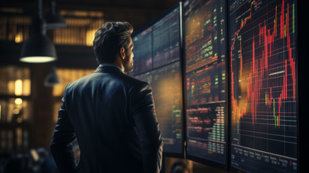 Businessman in suit looking at monitor of stock market. Forex trading concept.の素材
